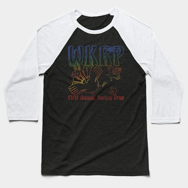 Retro Colors WKRP Turkey Drop Baseball T-Shirt by Linefingerart